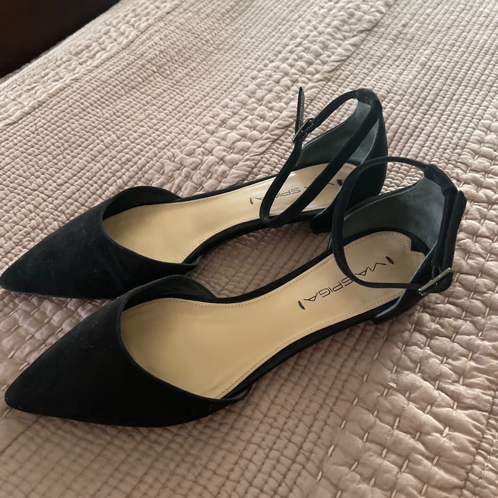 VIA SPIGA V-VANNA Black Suede Ankle Strap Pointy Toe Flat Shoes Size 7 M
